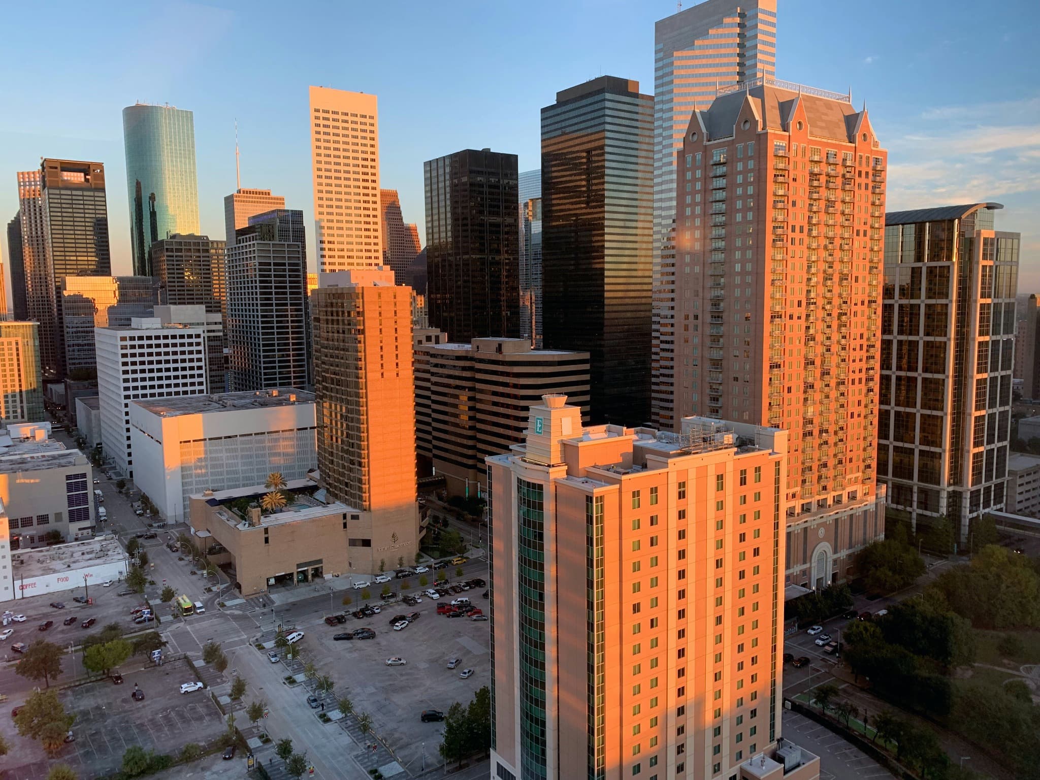 Downtown Houston buildings in warm evening light